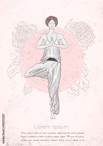 Girl stay at tree pose silhouette with flowers.