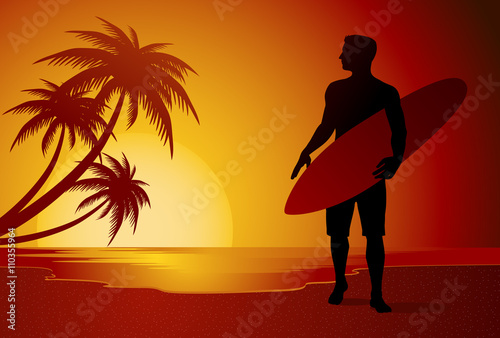 Surfer silhouette walking on the beach in the summer sunset vector illustration