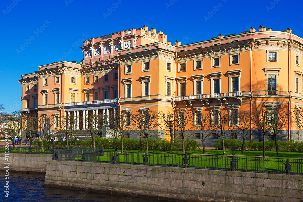 View of the Mikhailovsky Castle. Embankment of the river Moyka. Saint Petersburg. Russia. View of the Mikhailovsky Castle. Embankment of the river Moyka. Saint Petersburg. Russia.