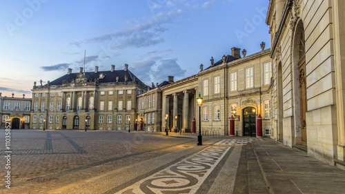 Amalienborg Square in Copenhagen. The home of the Danish royal family with its four identical classical palace façades from 1760 and The Royal Life Guard