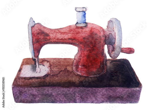 watercolor vintage sewing machine on white photo
