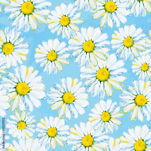 Daisies on the light blue background. Watercolor seamless pattern.