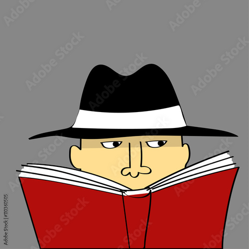A suspicious looking man in a black hat watches from behind a red book like a private eye or a spy