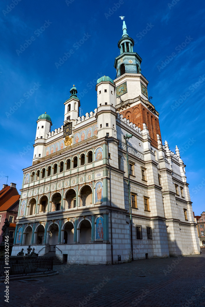 Facade and tower of the Renaissance town hall in Poznan..