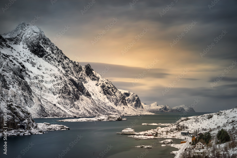 Maervoll village and fjord with mountains at sunset, Lofoten 