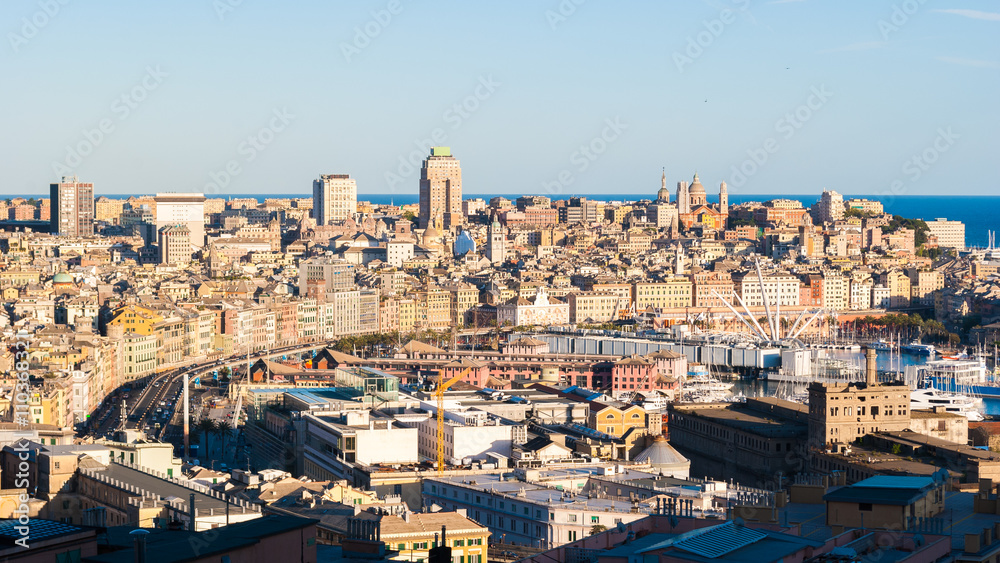 Panoramic view of the city center of Genoa during the golden hour