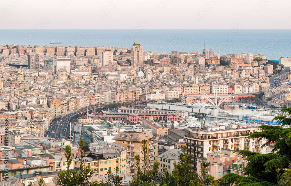 Panoramic view of the city center of Genoa after the sunset