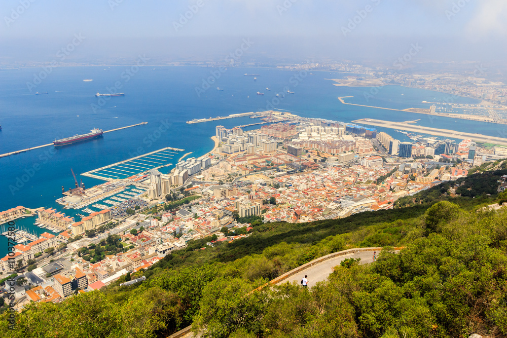 View of the sea/ocean and city of Gibraltar from the top of the rock