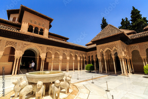 Courtyard of the Myrtles (Patio de los Arrayanes) in La Alhambra, Granada, Spain. 