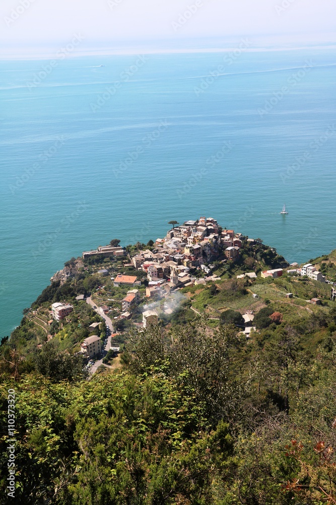 View from the mountains to Cinque Terre Corniglia on the Amalfi Coast, Italy