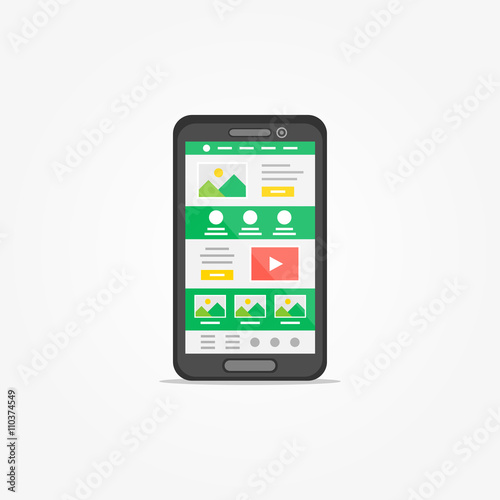 Landing page on mobile phone vector illustration. Mobile phone web design creative concept. 