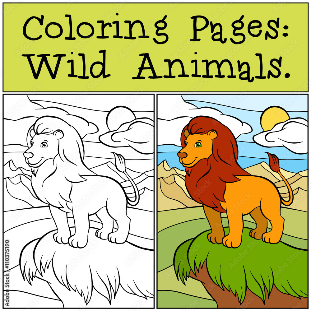 Fototapeta premium Coloring Pages: Wild Animals. Cute beautiful lion stands on the