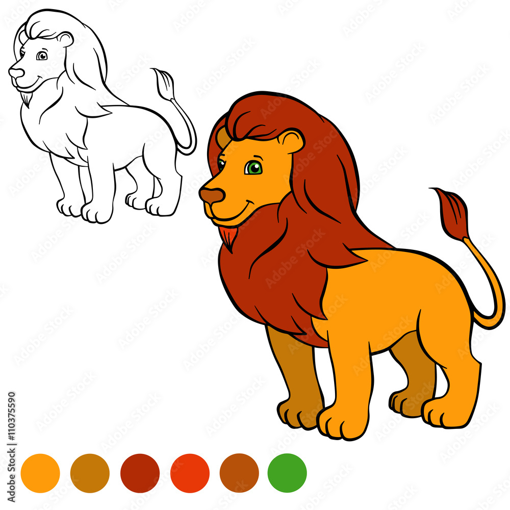 Fototapeta premium Coloring page. Color me: lion. Cute beautiful lion stands and sm