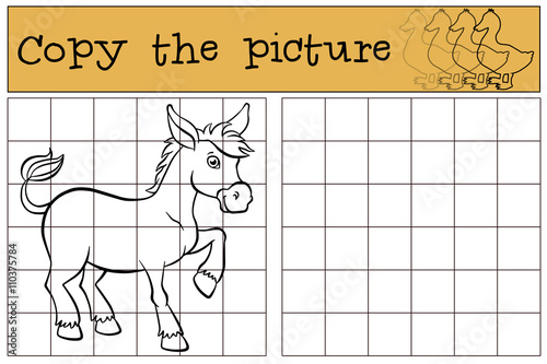 Children games: Copy the picture. Cute little donkey stands and