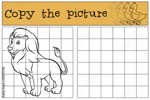 Fototapeta Naklejka Na Ścianę i Meble -  Children games: Copy the picture. Cute beautiful lion stands and