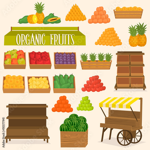 Set for street markets in fruits. Boxes of fruit and vegetables. Shop on wheels. Stand for street markets. A sign for a local store.