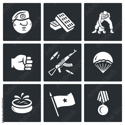 Vector Set of Russia Airborne troops Icons. Soldier, Beret, Bricks, Workout, Punch, Weapon, Landing, Fountain, Flag, Award.