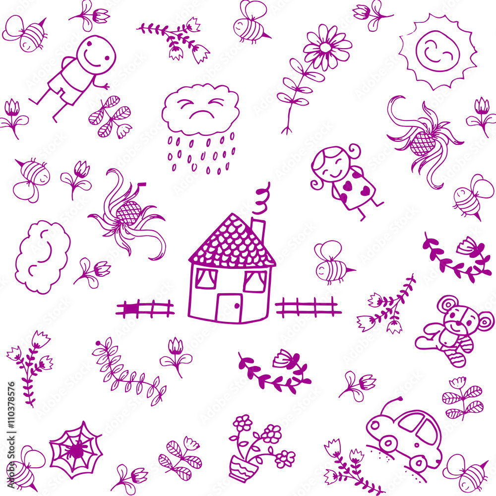 Fototapeta premium purple house and garden doodle art