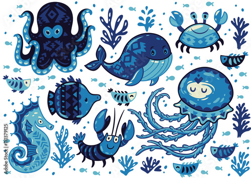 Set of cute cartoon animals in nautical style