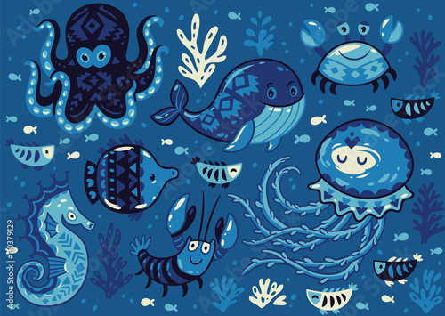 Set of cute cartoon animals in nautical style