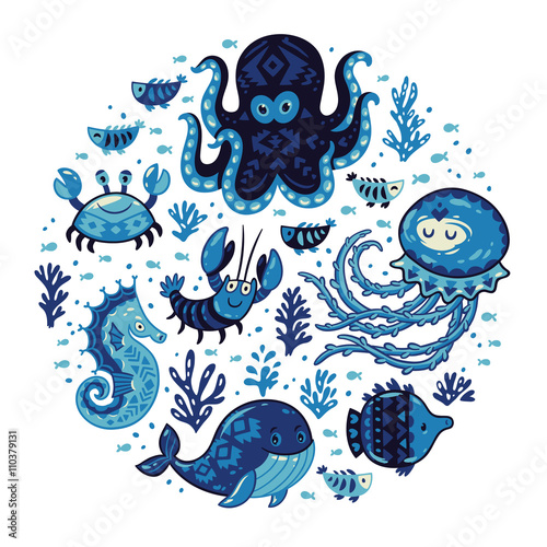 Set of cartoon marine animals in round frame