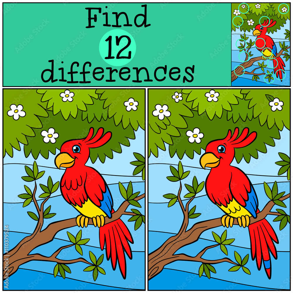 Fototapeta premium Children games: Find differences. Little cute parrot sits on the