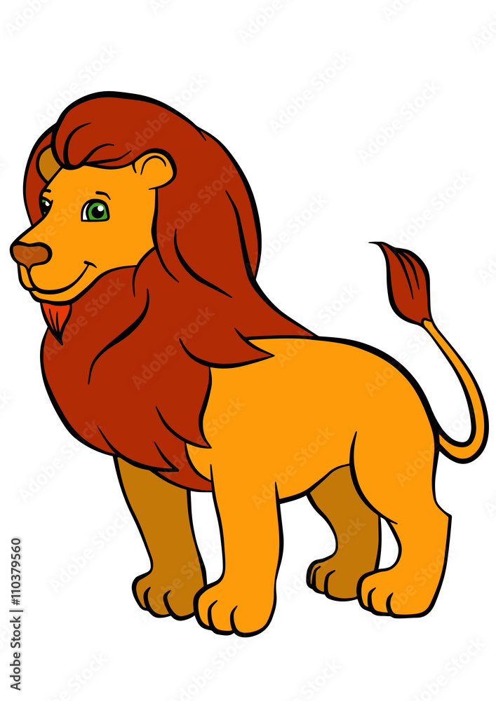 Cartoon wild animals for kids. Cute beautiful lion stands and sm Cartoon wild animals for kids. Cute beautiful lion stands and sm