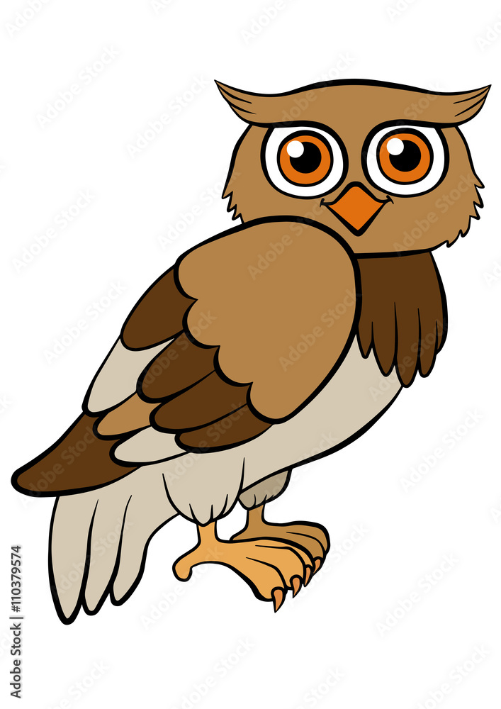 Cartoon birds for kids. Little cute owl smiles.