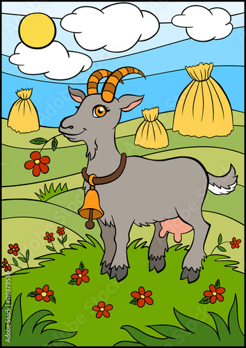 Cartoon farm animals for kids. Cute goat stands and holds flower