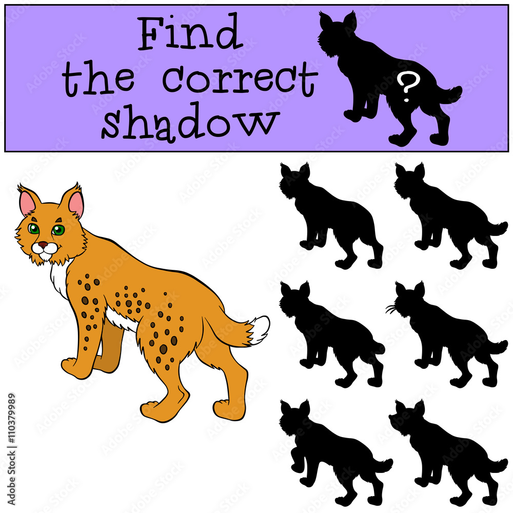 Naklejka premium Children games: Find the correct shadow. Cute beautiful lynx sta