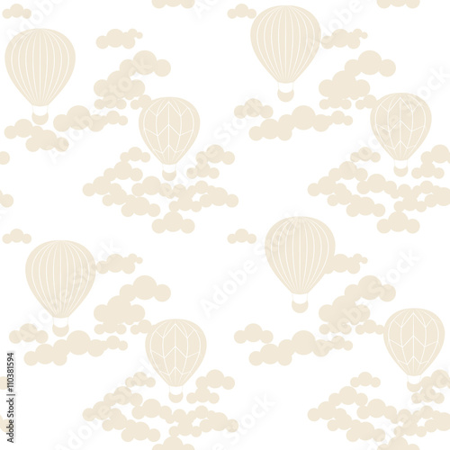 Vector seamless pattern with hot air balloons on the sky. Beige and white palette.