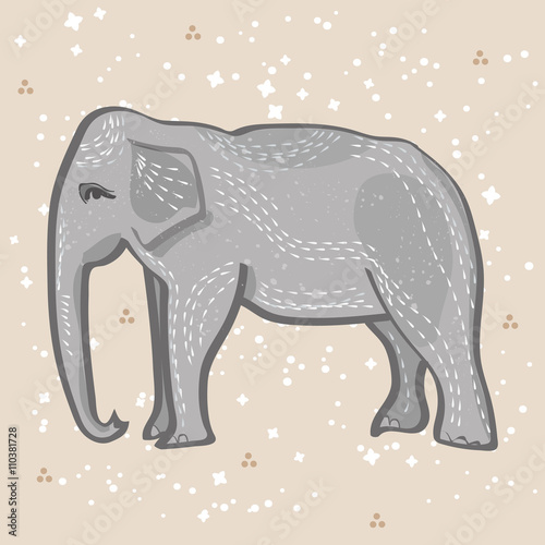 A stylized vintage drawing of an elephant with spotted background