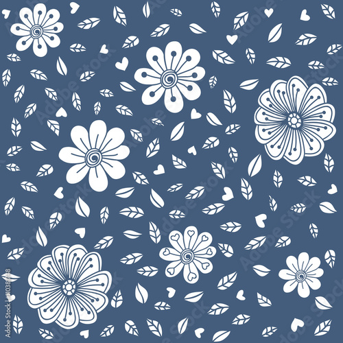 Seamless blue and white pattern with stylized hand drawn flowers