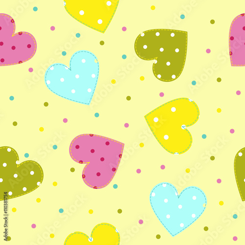 Seamless patchwork pattern with stitched hearts