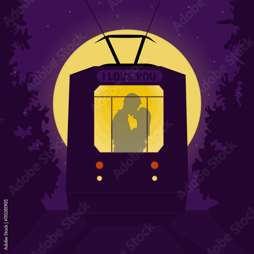 Couple kissing in the tram. Full moon and stars.