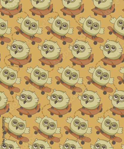 Cute owls with skateboards, seamless vector background