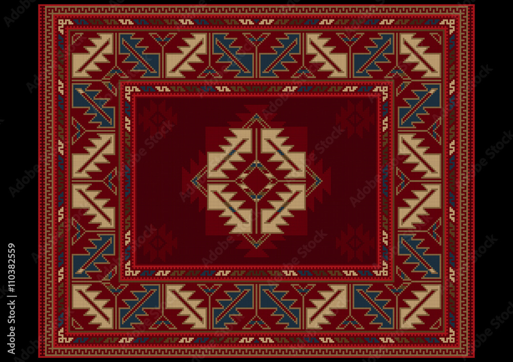 Ethnic carpet with vintage ornament in red and maroon shades