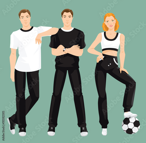 Vector illustration of young man in sportswear isolated on color background. Group of people in clothes for sport or fitness 