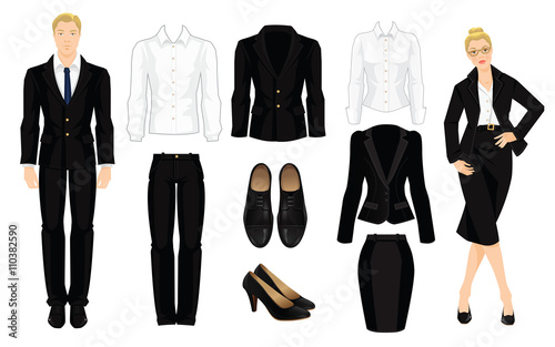Vector illustration of corporate dress code. Office uniform. Clothes for business people. Secretary or professor in official black formal suit. Woman in glasses. Pair of black formal shoes.  photo