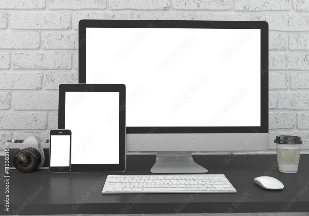 Responsive mockup screen. Monitor, tablet, phone on table in office. 3d rendering. Responsive mockup screen. Monitor, tablet, phone on table in office. 3d rendering.