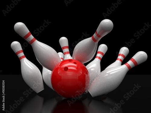 Bowling ball and skittles isolated. 3d rendering.