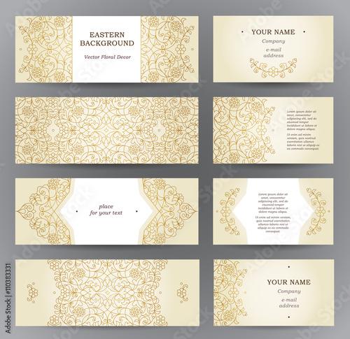 Vector set of ornate horizontal cards in oriental style. Golden outline floral decor. Template vintage Eastern frame for Ramadan Kareem greeting, business card. Labels and tags with place for text.