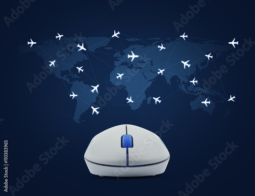 Wireless computer mouse with flight routes airplanes on world ma