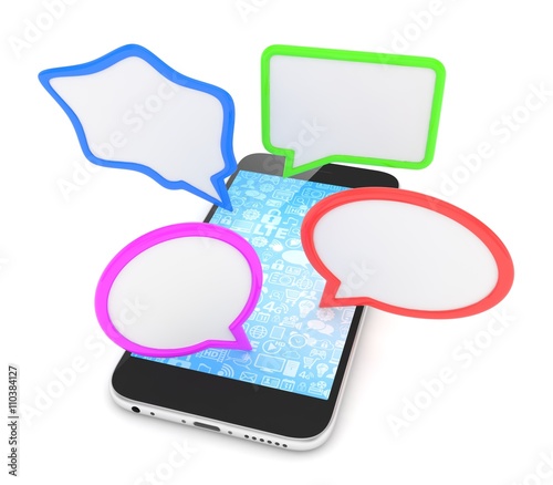 smartphone with bubbles isolated on white background. 3d rendering.