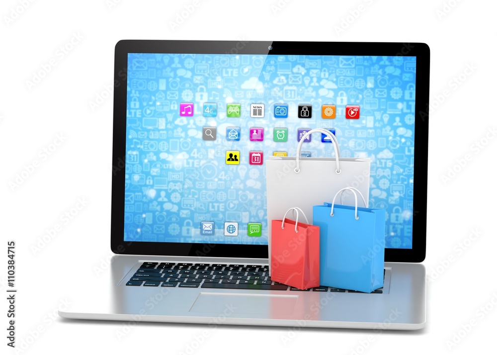 laptop and shopping pags on white background. 3d rendering. laptop and shopping pags on white background. 3d rendering.