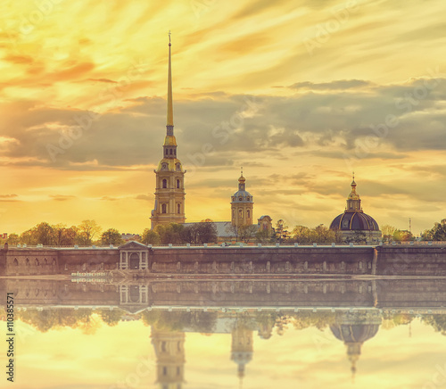 Classic view of Saint-Petersburg river scape with a fog  at sunset. Saint Petersburg, Russia