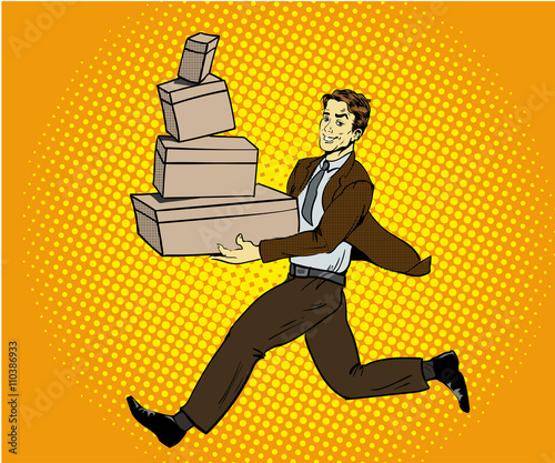 Pop art delivery concept vector illustration. Man handing box