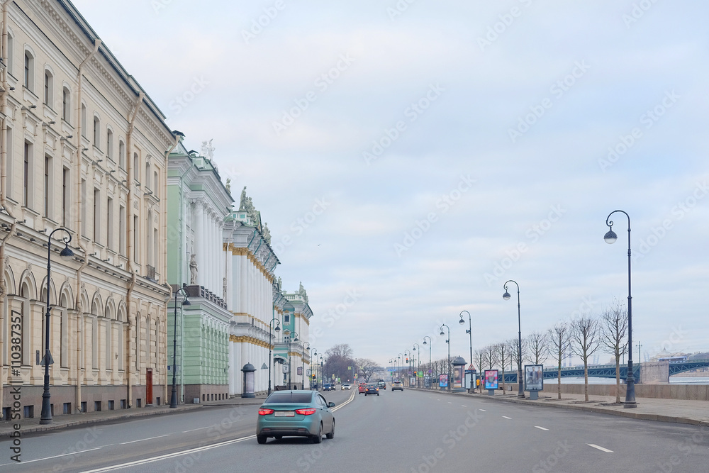 St. Petersburg, Russia - March, 13, 2016: Veiw of Palace Embankment (Dvorcovaya naberegnaya) in St. Petersburg, Russia