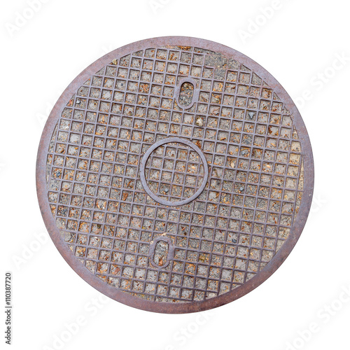 Rusty, grunge manhole cover, ROUND edge, rim isolated