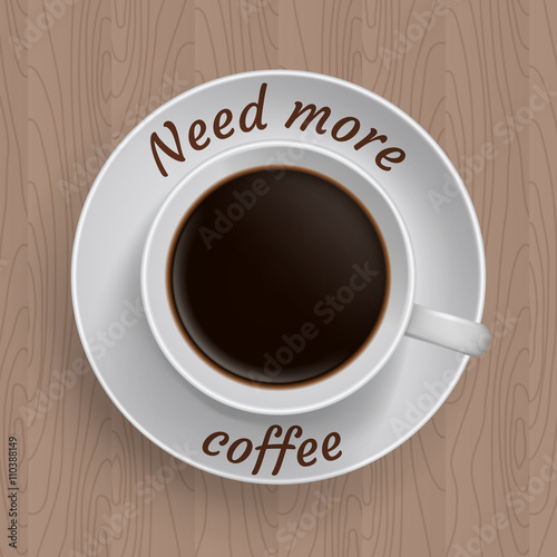 Cup of coffee on table with quote 'Need more coffee'.